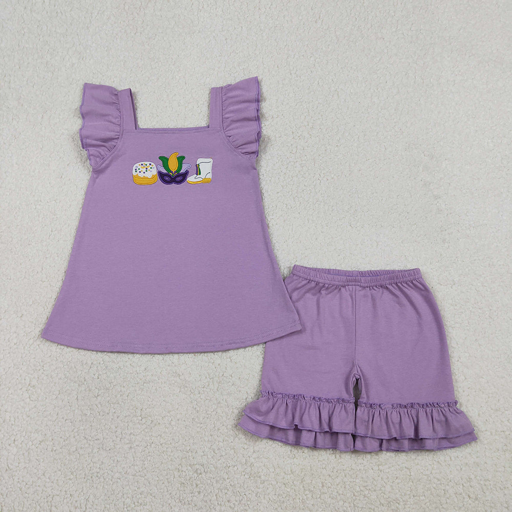 GSSO2828 Cake Mask Boots Embroidery Purple Top Ruffle Shorts Girls Mardi Gras Clothes Set