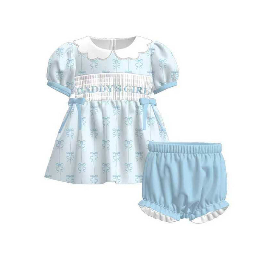 (Pre-order)GSSO2832 Daddy's Girl Blue Bows Tunic Top Blue Shorts Girls Summer Clothes Set