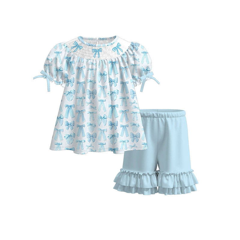 (Pre-order)GSSO2833 Bows Tunic Top Blue Ruffle Shorts Girls Summer Clothes Set