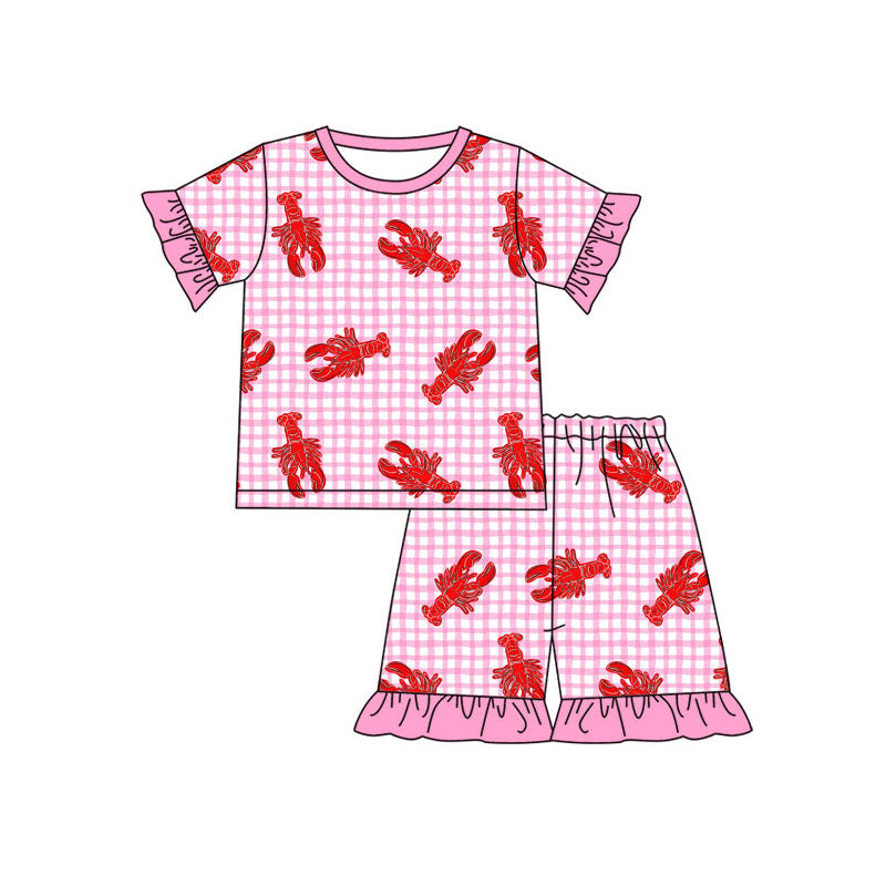 (Pre-order)GSSO2839 Crayfish Pink Plaid Print Shorts Girls Summer Clothes Set
