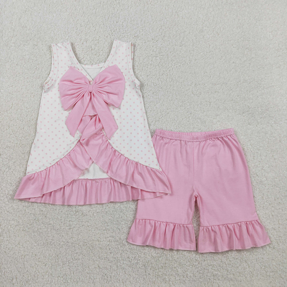 GSSO2884 Golf Truck Embroidery Dots Backless Top Pink Shorts Girls Summer Clothes Set