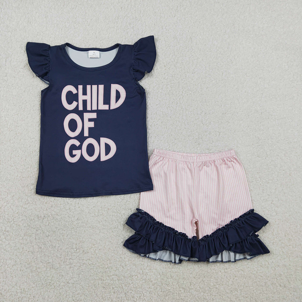 GSSO2933 CHILD OF GOD Navy Top Pink Stripes Shorts Girls Summer Clothes Set