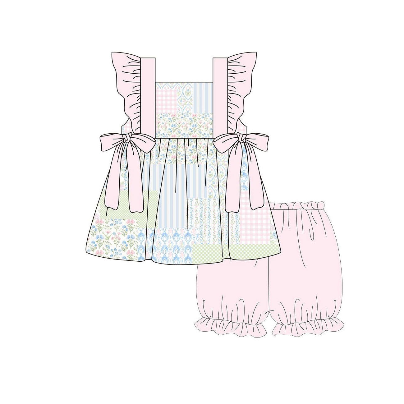 (Pre-order)GSSO2951 Small Flowers Plaid Tunic Top Light Pink Shorts Girls Summer Clothes Set