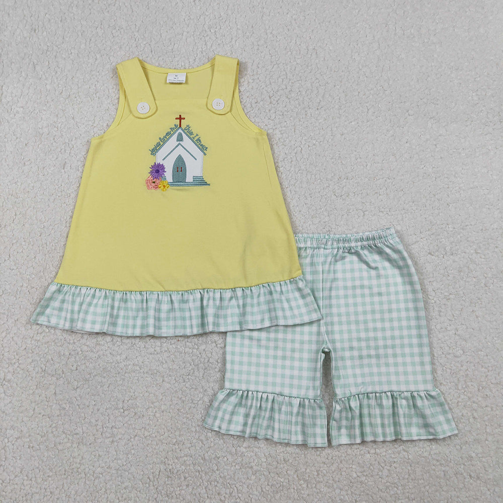 GSSO2966 Jesus Loves Me Embroidery Yellow Top Plaid Shorts Girls Summer Clothes Set