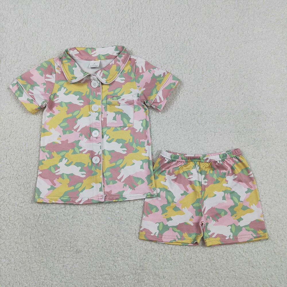 GSSO2972 Bunny Camo Print Girls Easter Buttons Pajamas Clothes Set