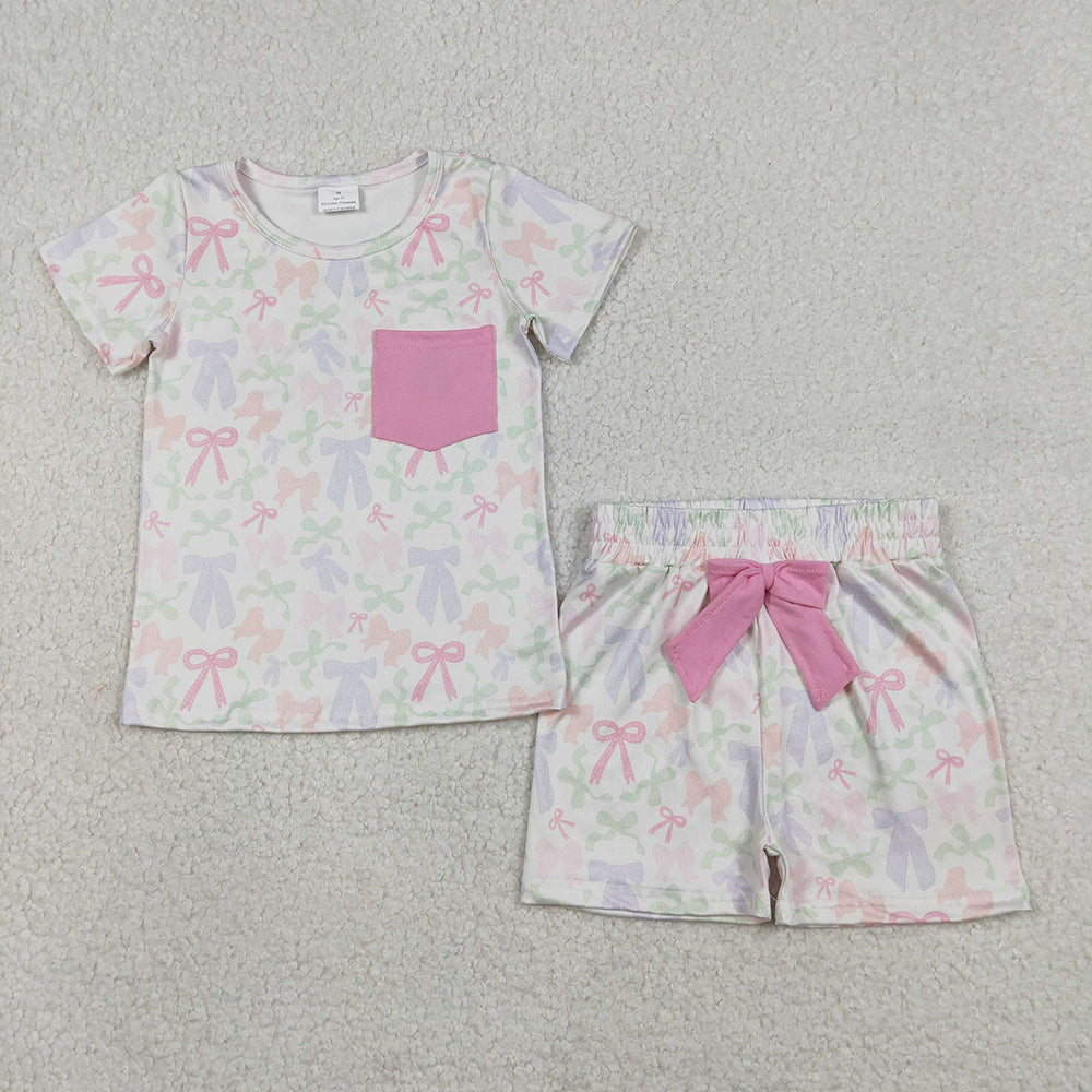 GSSO2990 Pocket Top Colorful Bows Shorts Girls Summer Clothes Set