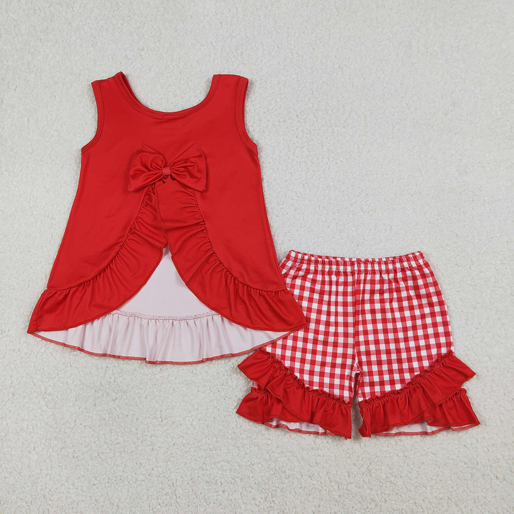 GSSO3009 Fried Chicken Red Backless Top Plaid Shorts Girls Summer Clothes Set