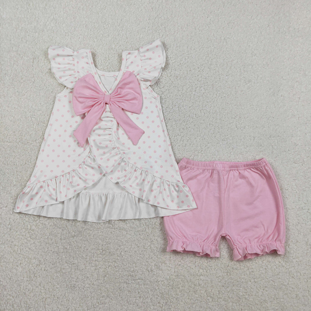 GSSO3018 Cross Sunday Dots Backless Top Pink Shorts Girls Easter Clothes Set