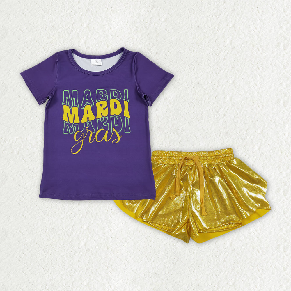 GSSO3044 Purple Top Gold Flutter Shorts Girls Mardi Gras Clothes Set