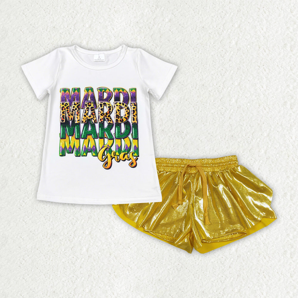 GSSO3045 White Top Gold Flutter Shorts Girls Mardi Gras Clothes Set