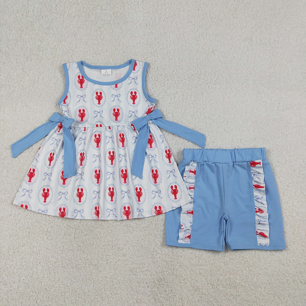 GSSO3051 Crayfish Bows Tunic Top Ruffle Shorts Girls Summer Clothes Set