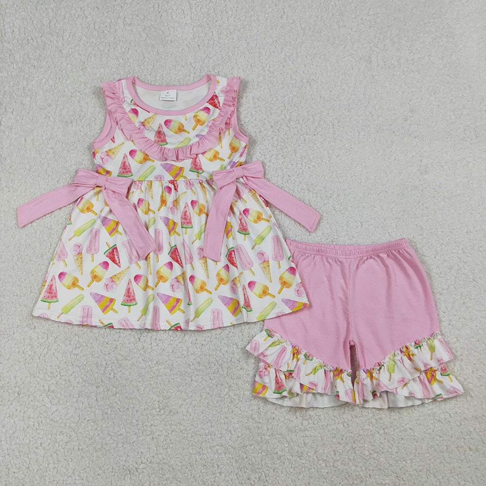 Popsicle Pink Print Girls Summer Clothes Sisters Wear