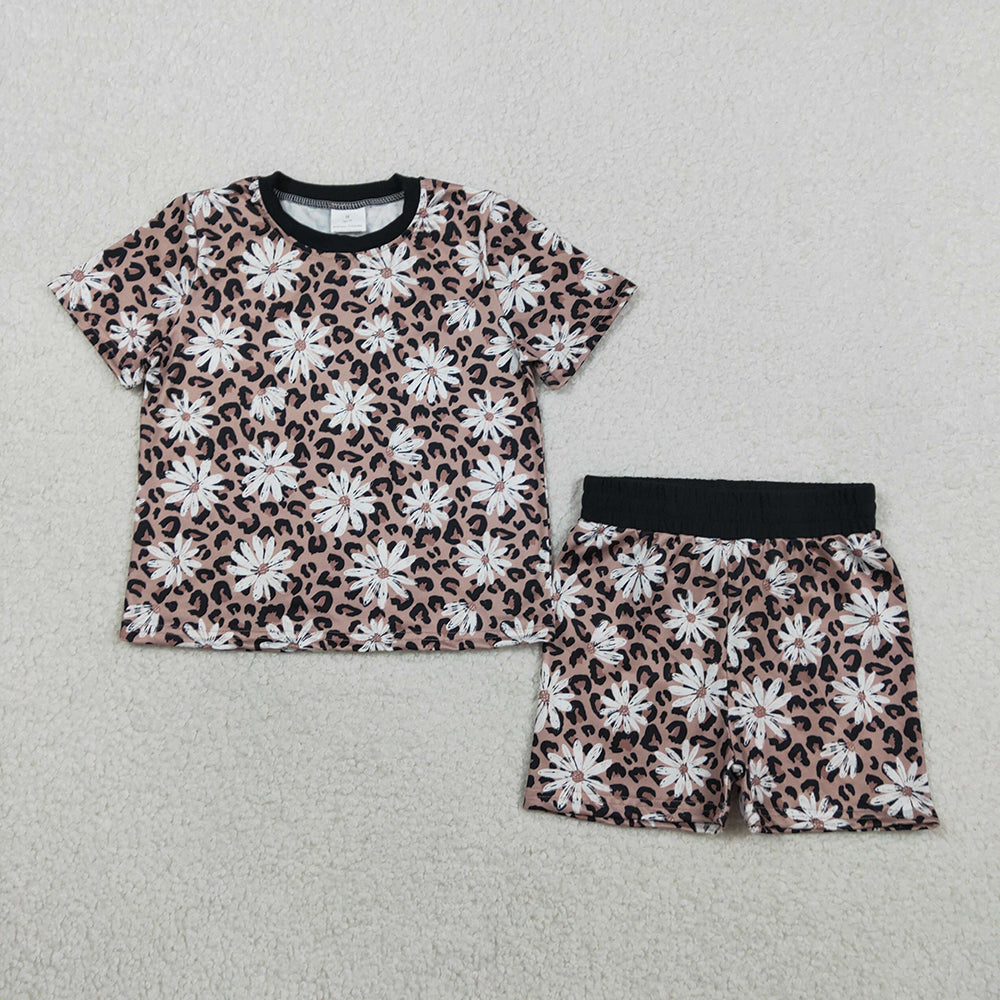GSSO3079 Leopard Flowers Print Girls Summer Clothes Set