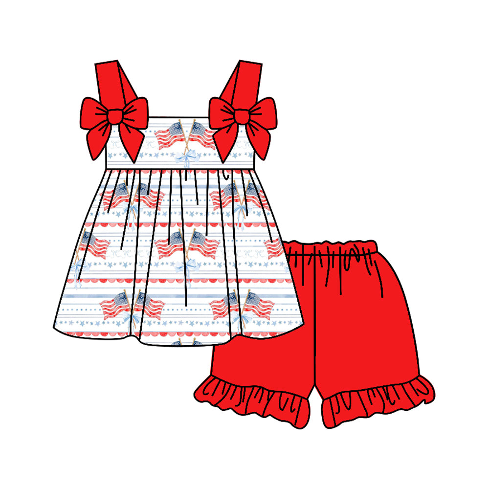 (Pre-order)GSSO3117 Flag Bows Stars Tunic Top Red Shorts Girls 4th of July Clothes Set