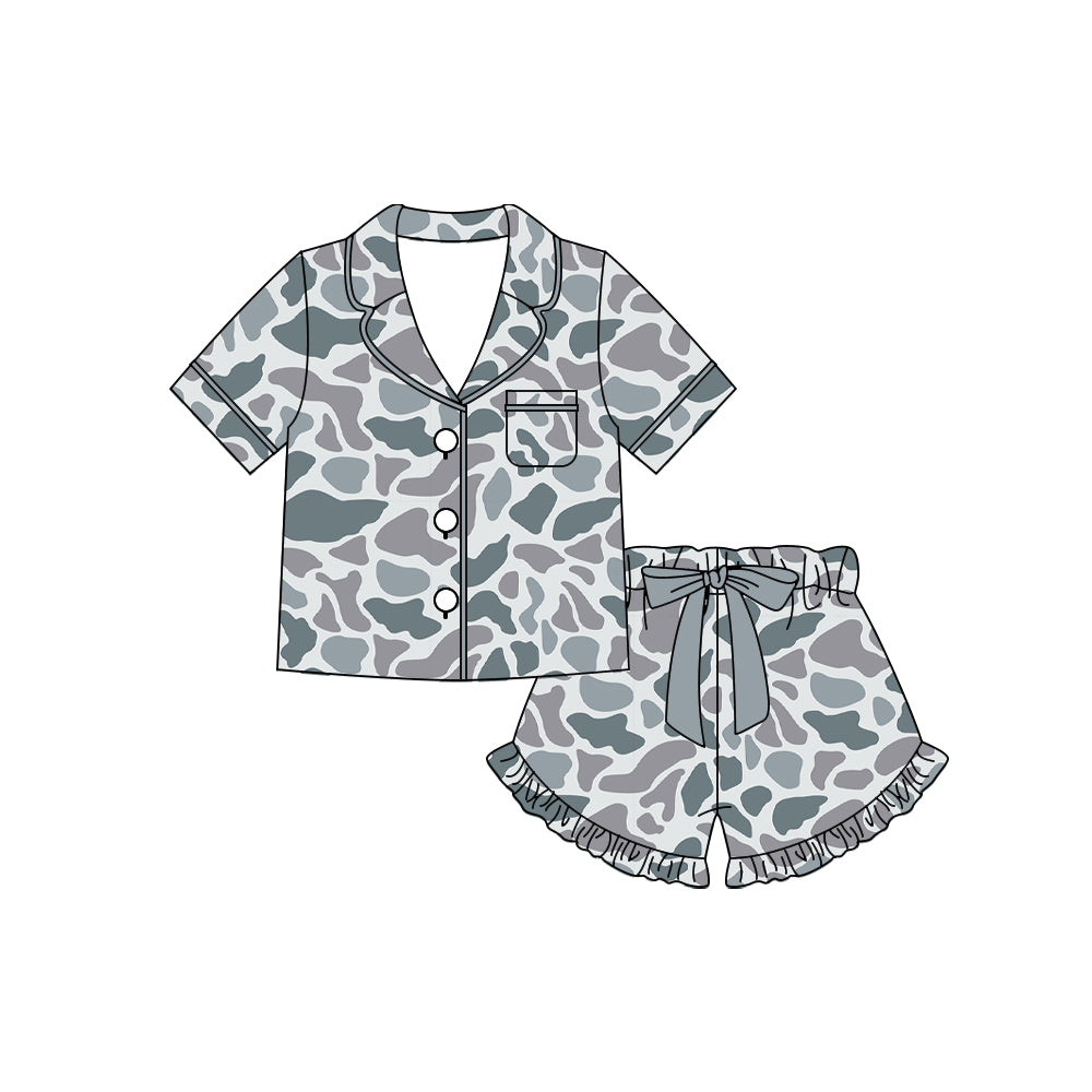 (Pre-order)GSSO3124 Grey Camo Print Girls Summer Buttons Pajamas Clothes Set