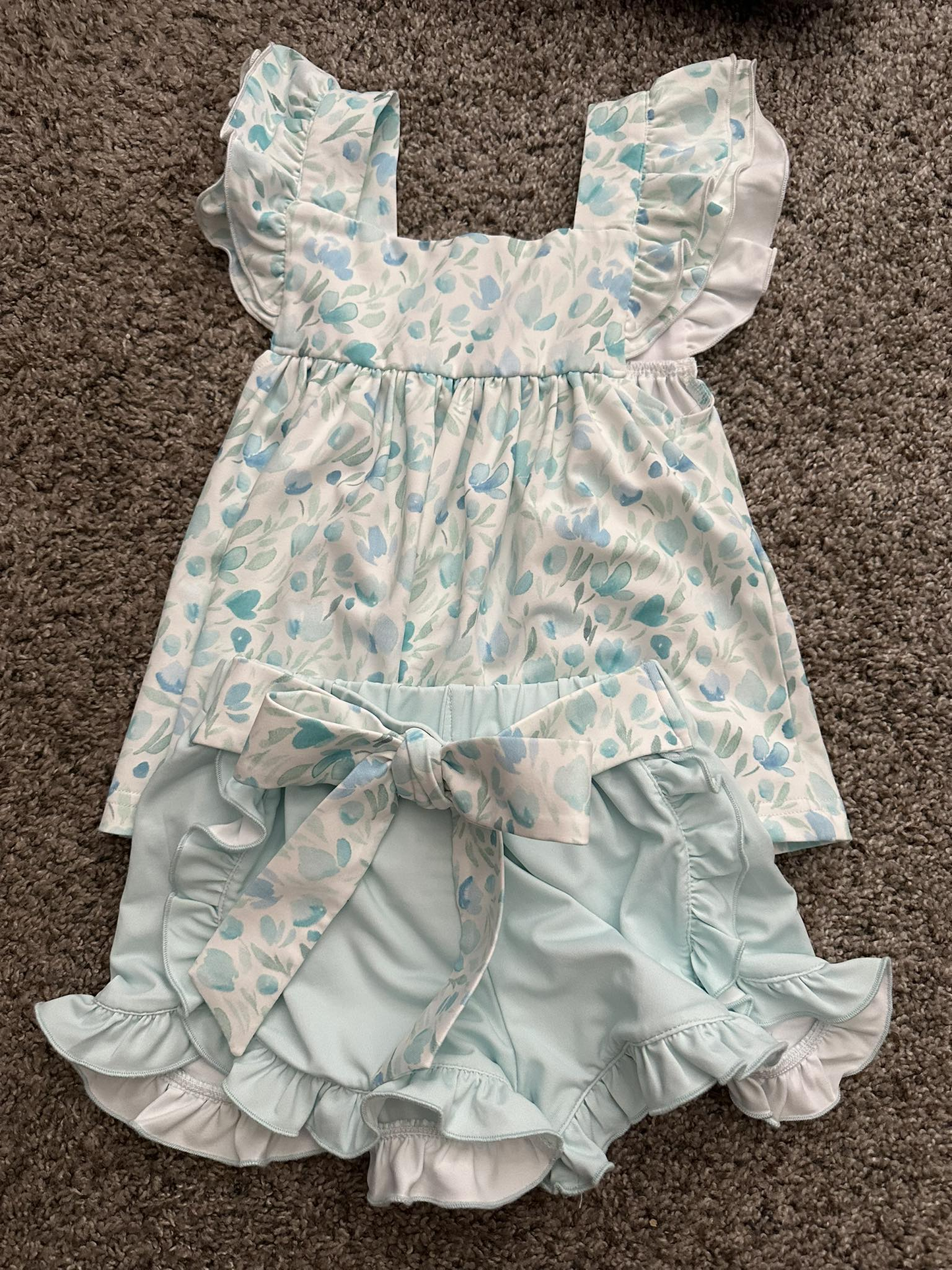 (Pre-order)GSSO3128 Blue Flowers Tunic Top Ruffle Shorts Girls Summer Clothes Set