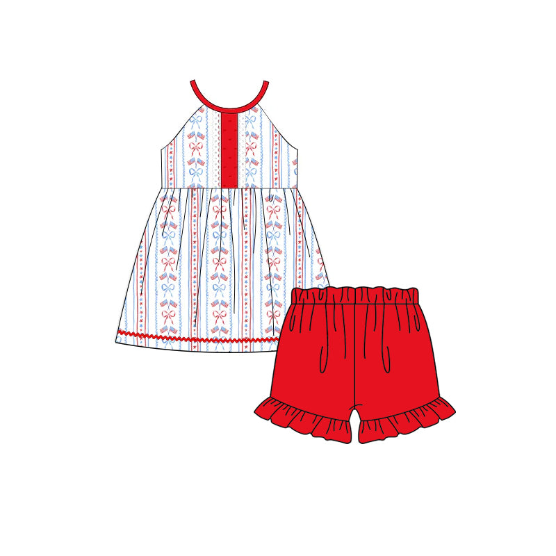 (Pre-order)GSSO3130 Flag Bows Tunic Top Red Shorts Girls 4th of July Clothes Set