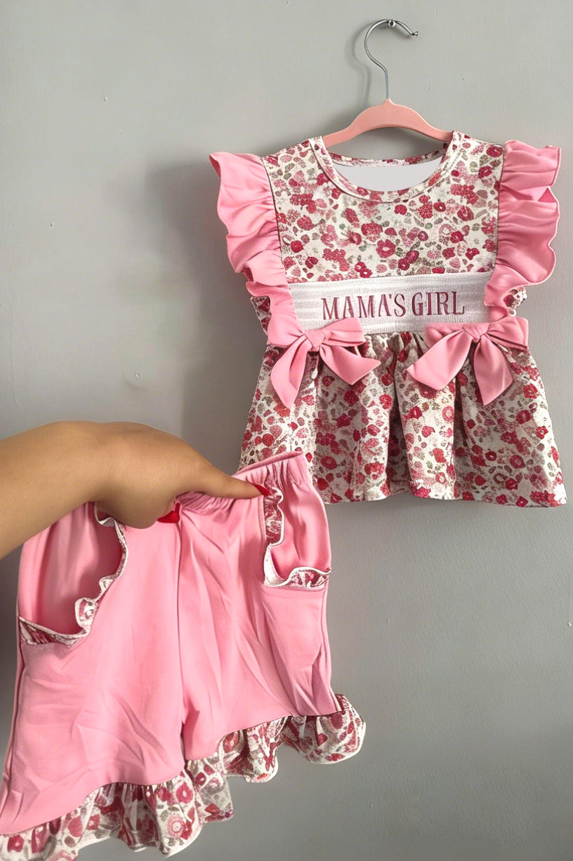 (Pre-order)GSSO3131 MAMAS GIRL Flowers Tunic Top Pink Shorts Girls Summer Clothes Set