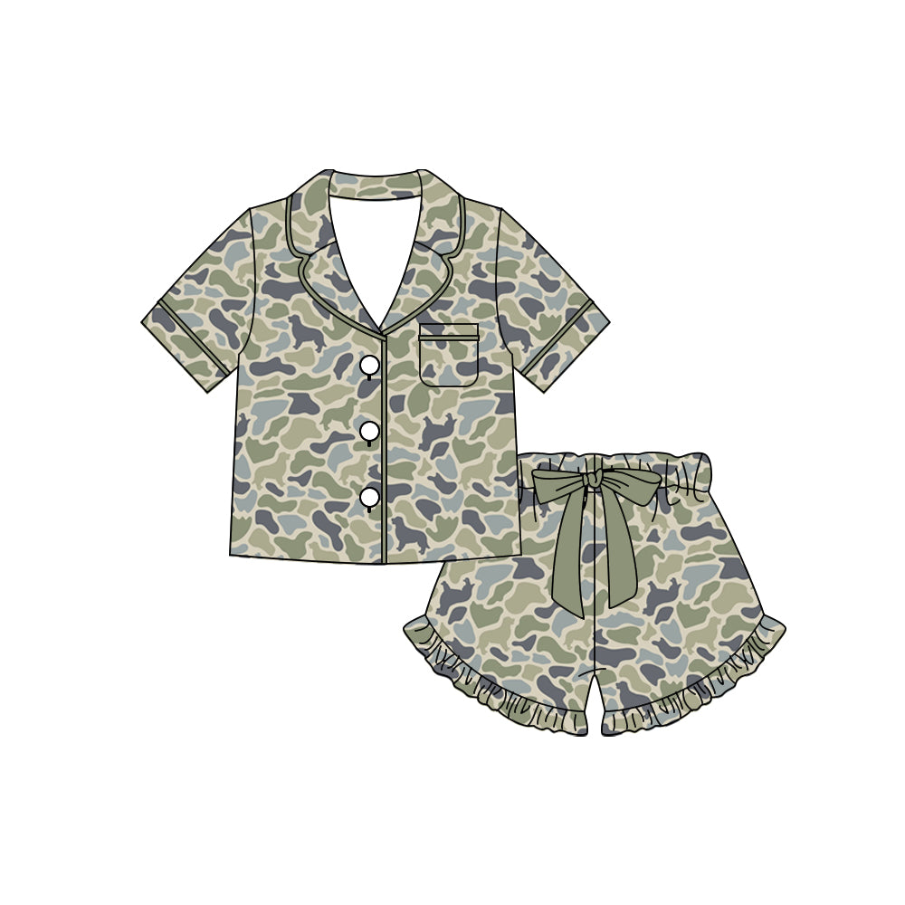 (Pre-order)GSSO3035 Adult Green Camo Print Woman Summer Buttons Pajamas Clothes Set