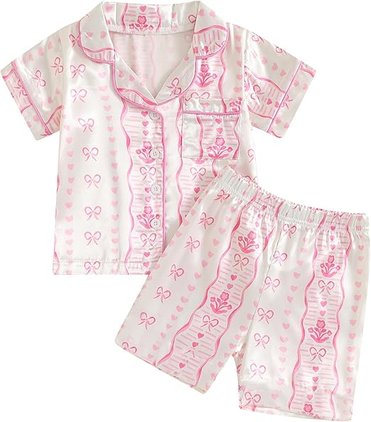 (Pre-order)GSSO3141 Pink Bows Flowers Print Girls Summer Button Pajamas Clothes Set