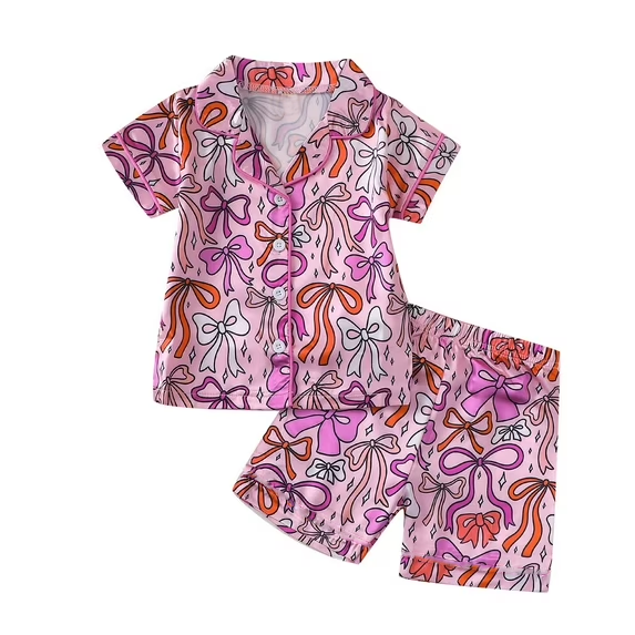 (Pre-order)GSSO3144 Pink Bows Print Girls Summer Button Pajamas Clothes Set