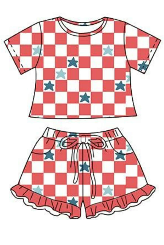 (Pre-order)GSSO3293 Stars Red Plaid Print Girls 4th of July Clothes Set