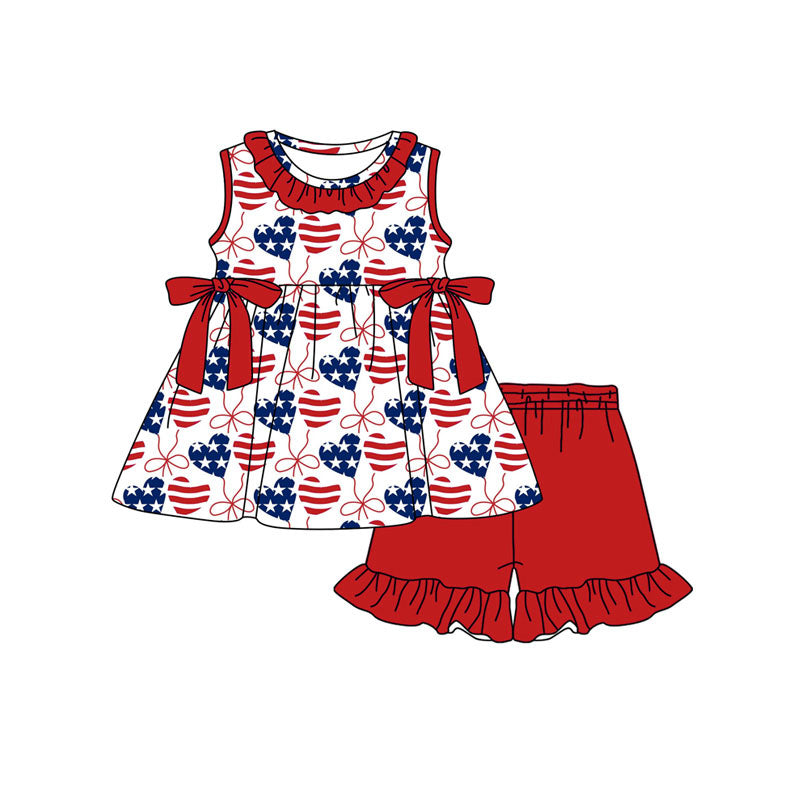 (Pre-order)GSSO3294 Hearts Bows Stars Tunic Top Red Shorts Girls 4th of July Clothes Set