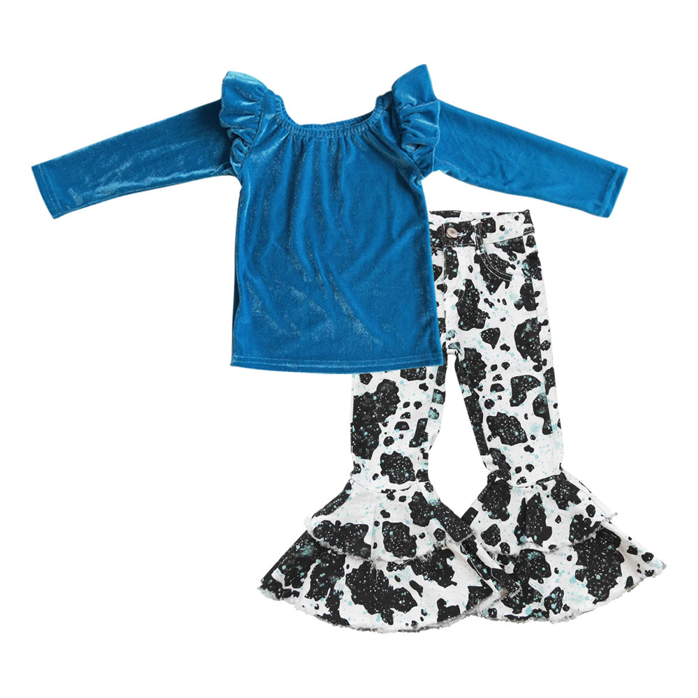 Blue velvet top cow print denim bell bottom jeans girls western clothes set GT0064+P0031