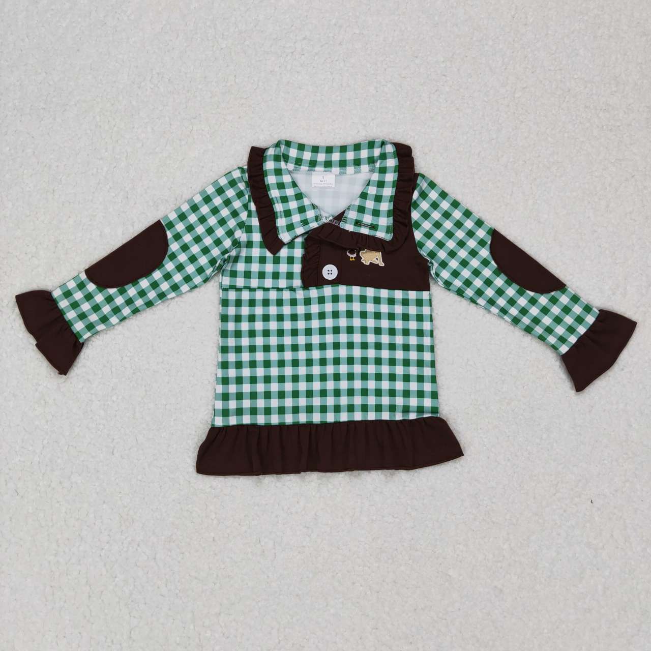 GT0284 Dog Duck Embroidery Green Plaid Print Girls Go Hunting Pullover Button Tee Shirt Top