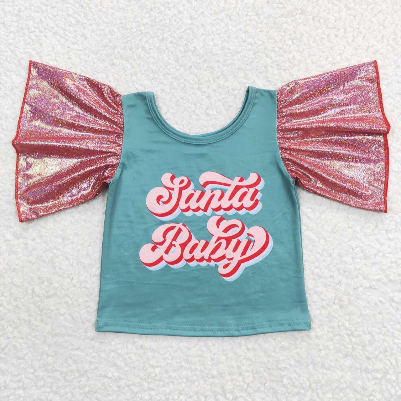 GT0286 Santa Baby Print Pink Ruffle Girls Christmas Tee Shirts Top