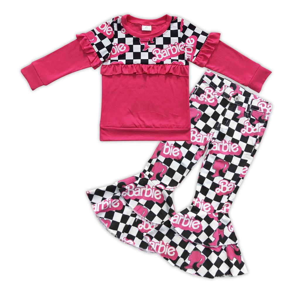GLP0870 Pink BA Print Top Denim Bell Bottom Jeans Fall Clothes Set