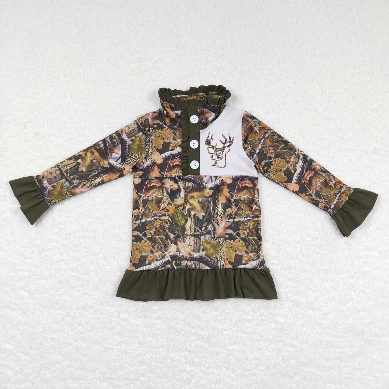 GT0311 Green Camo Deer Print Girls Go Hunting Pullover Buttons Tee Shirt Top