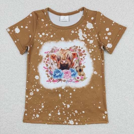 GT0333 Highland Cow Flowers Print Western Tee Shirts Top