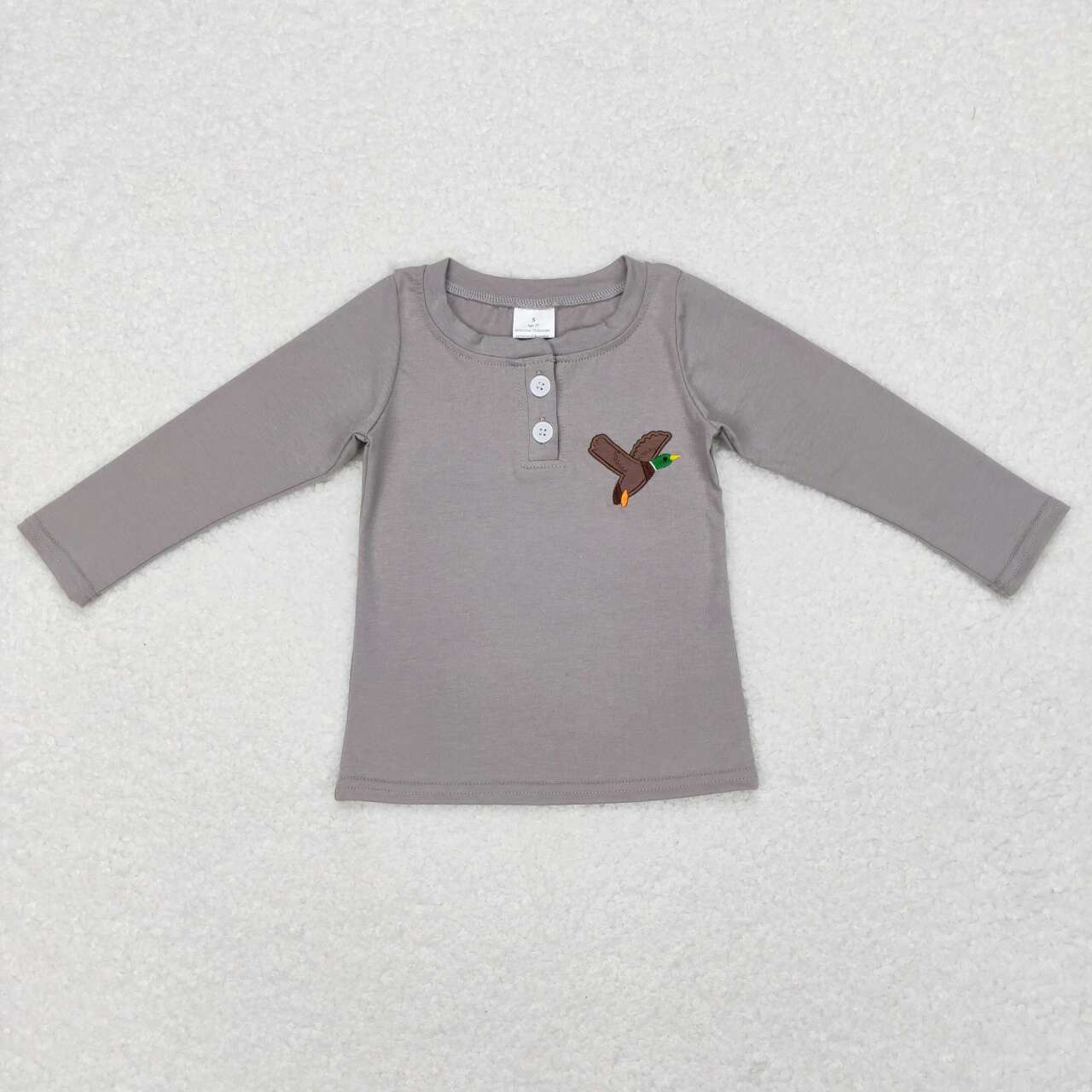 GT0353 Grey Duck Embroidery Kids Buttons Tee Shirt Top