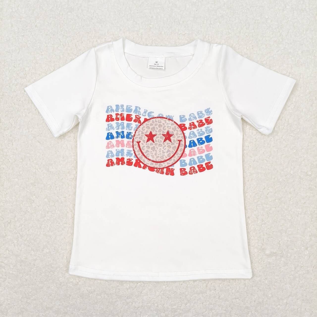 GT0502 AMERICAN BABE Smiling Face Print Girls 4th of July Tee Shirts Top