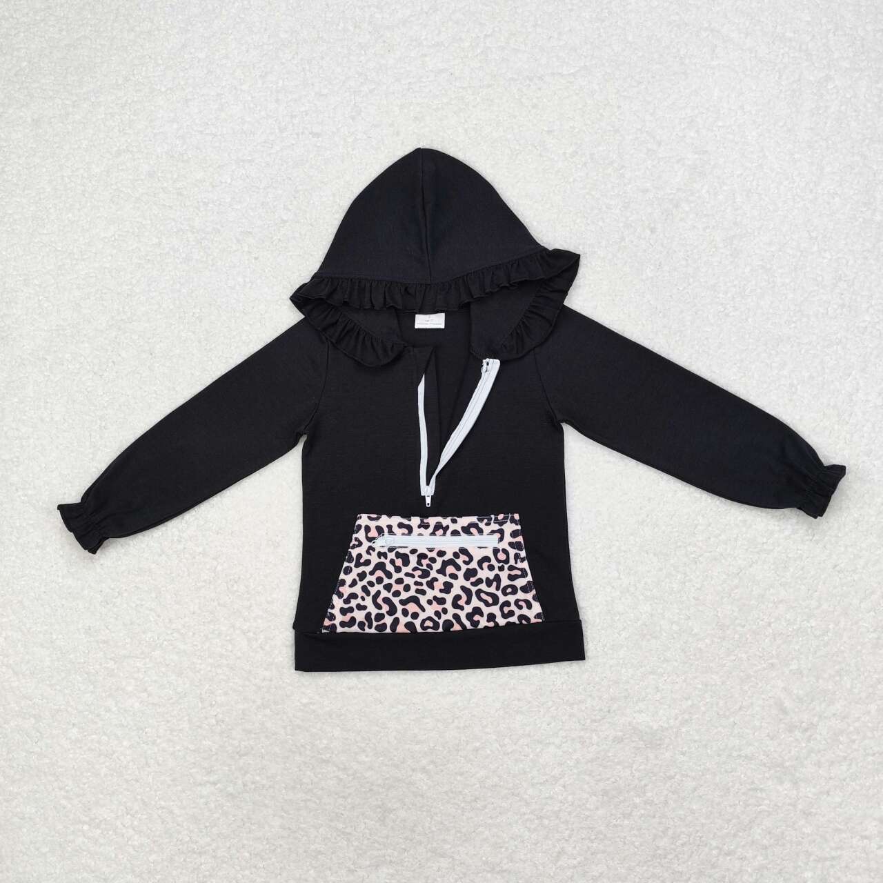GT0624 Leopard Print Pocket Black Girls Hoodie Zipper Tee Shirts Top