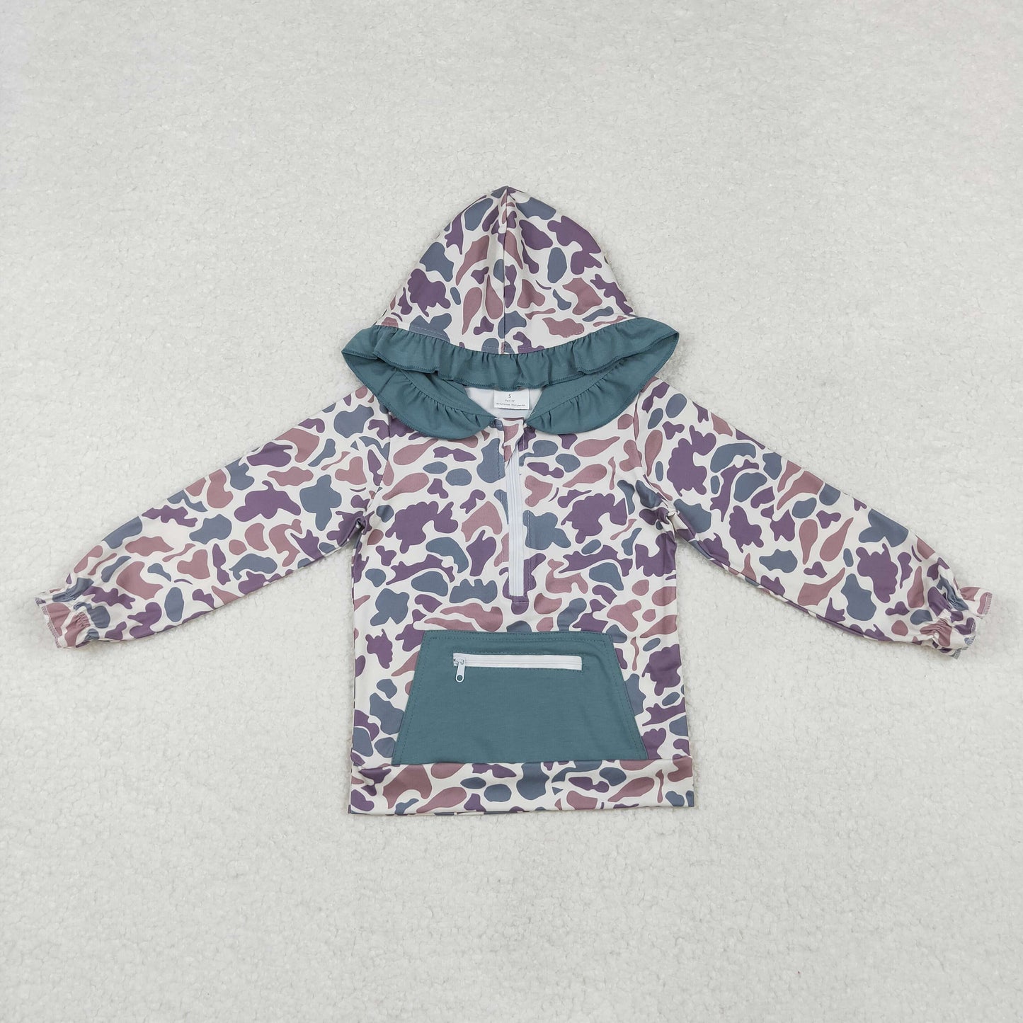 GT0629 Gray Camo Print Pocket Girls Hoodie Zipper Tee Shirts Top