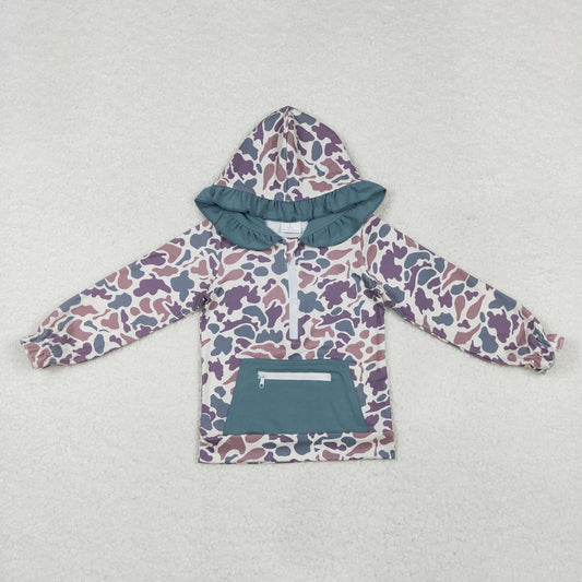 GT0629  Gray Camo Print Pocket Girls Hoodie Zipper Tee Shirts Top