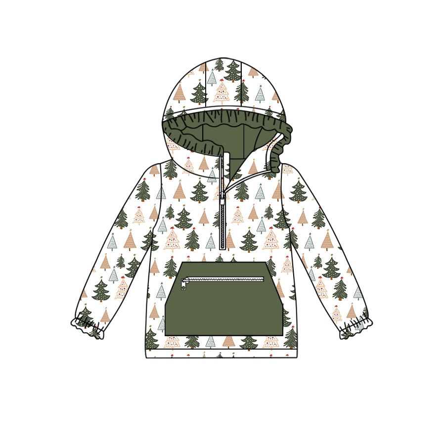 (Pre-order)GT0632 Christmas Tree Print Pocket Girls Hoodie Zipper Tee Shirts Top