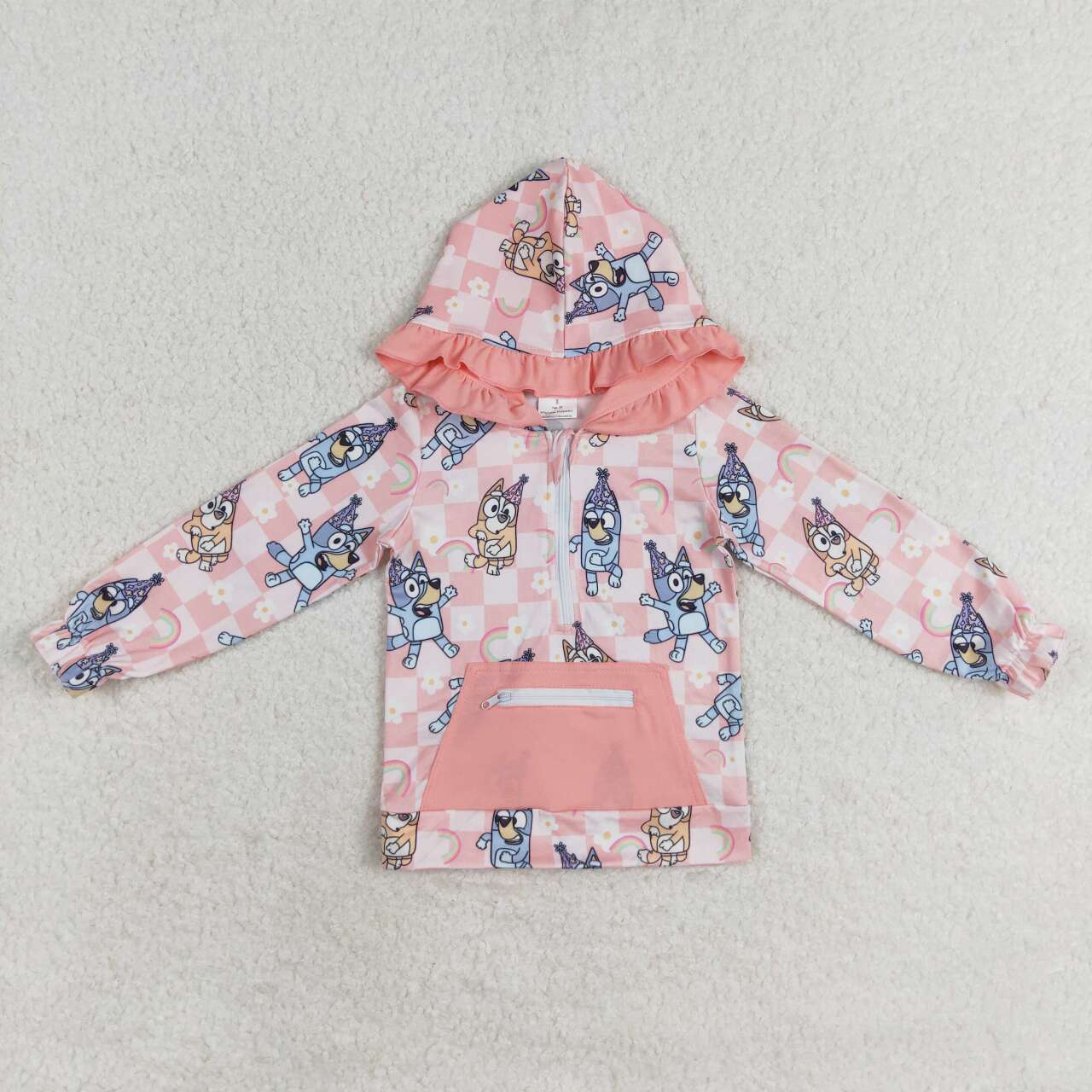 GT0633 Cartoon Dog Rainbow Plaid Print Pink Pocket Girls Hoodie Zipper Tee Shirts Top