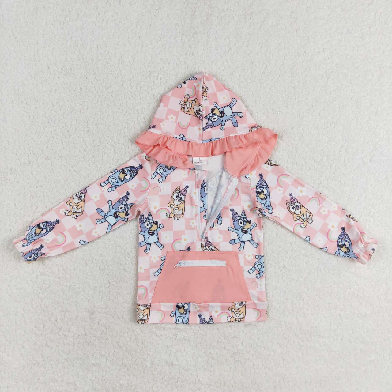 GT0633 Cartoon Dog Rainbow Plaid Print Pink Pocket Girls Hoodie Zipper Tee Shirts Top