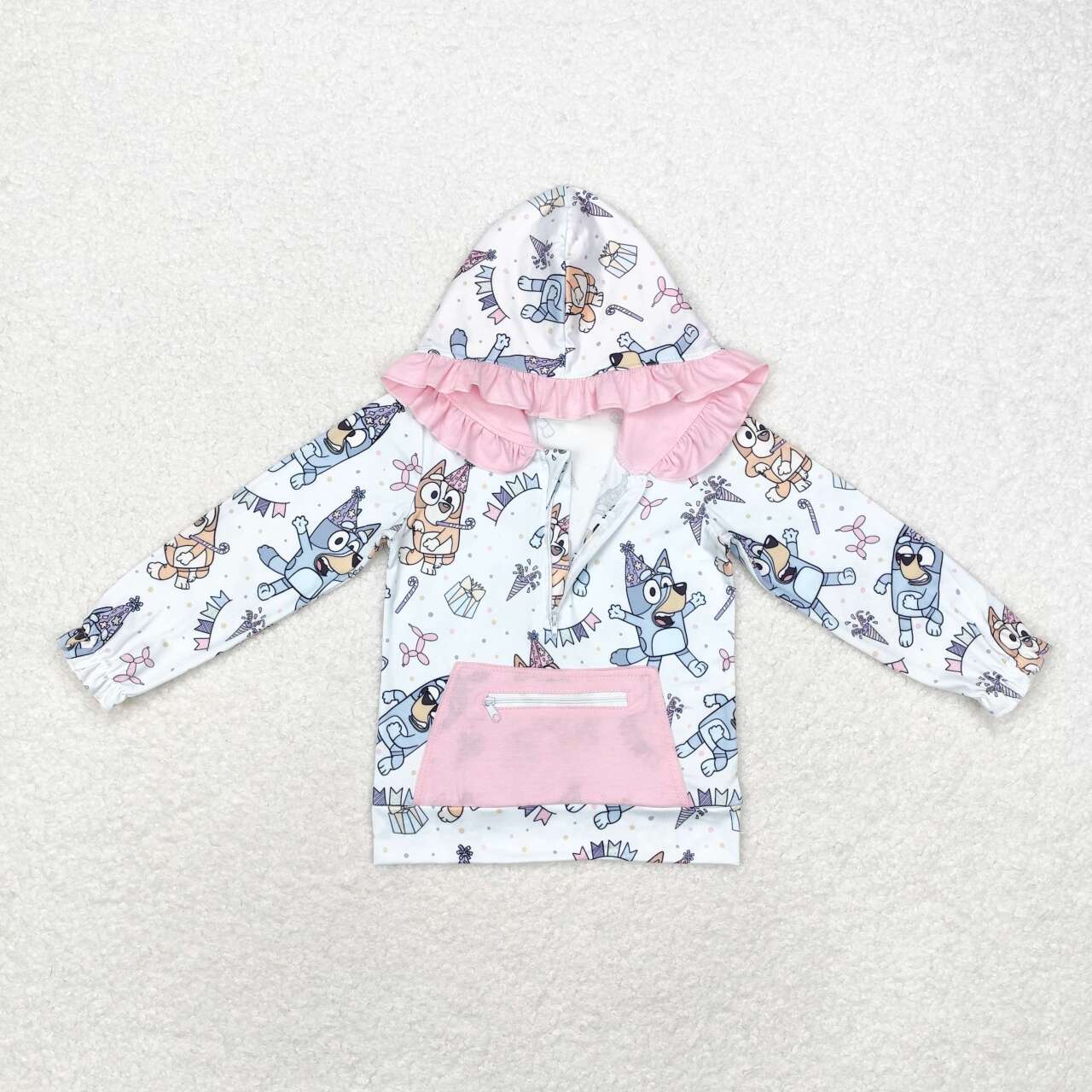GT0634 Cartoon Dog Birthday Print Pink Pocket Girls Hoodie Zipper Tee Shirts Top