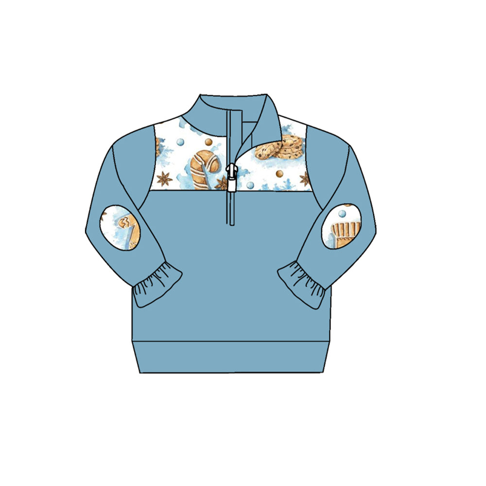 (Pre-order)GT0654 Gingerbread Cookie Blue Print Girls Christmas Pullover Zipper Tee Shirts Top