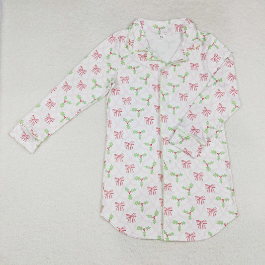 GT0661 Pink Bows Holly Print Adult Christmas Nightgown Top
