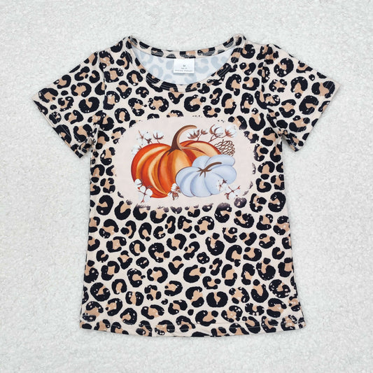 GT0688 Pumpkin Leopard Print Girls Fall Tee Shirts Top