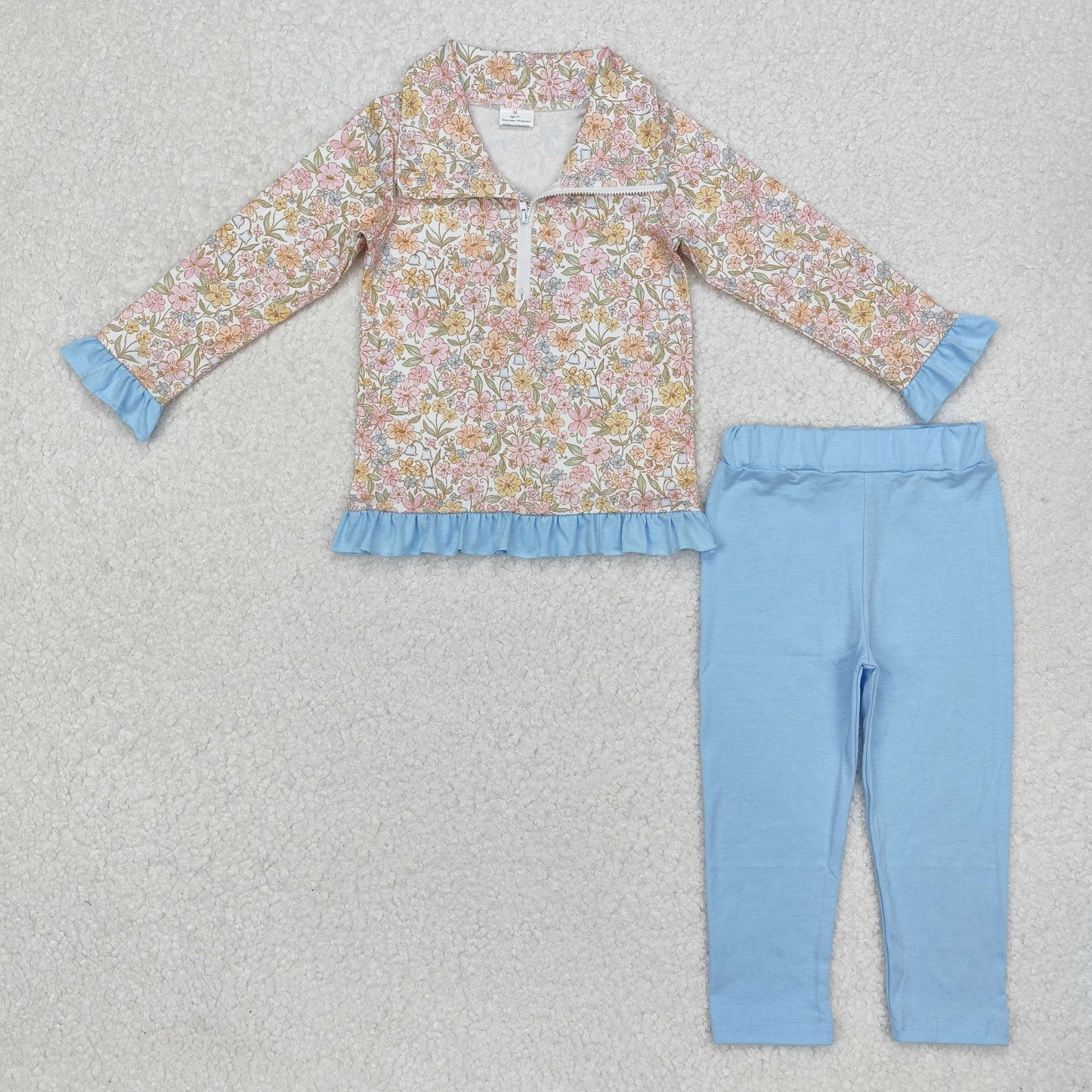 GLP2323 Flowers Zipper Pullover Top Blue Pants Girls Clothes Set