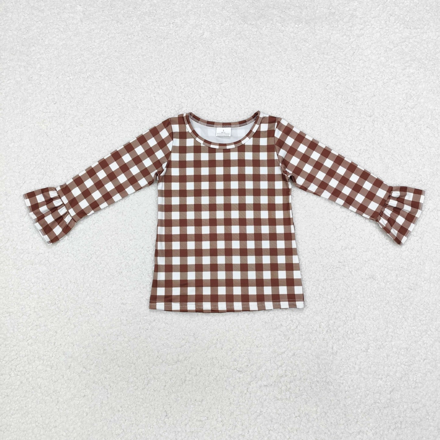 GT0738 Brown Plaid Print Girls Fall Tee Shirts Top