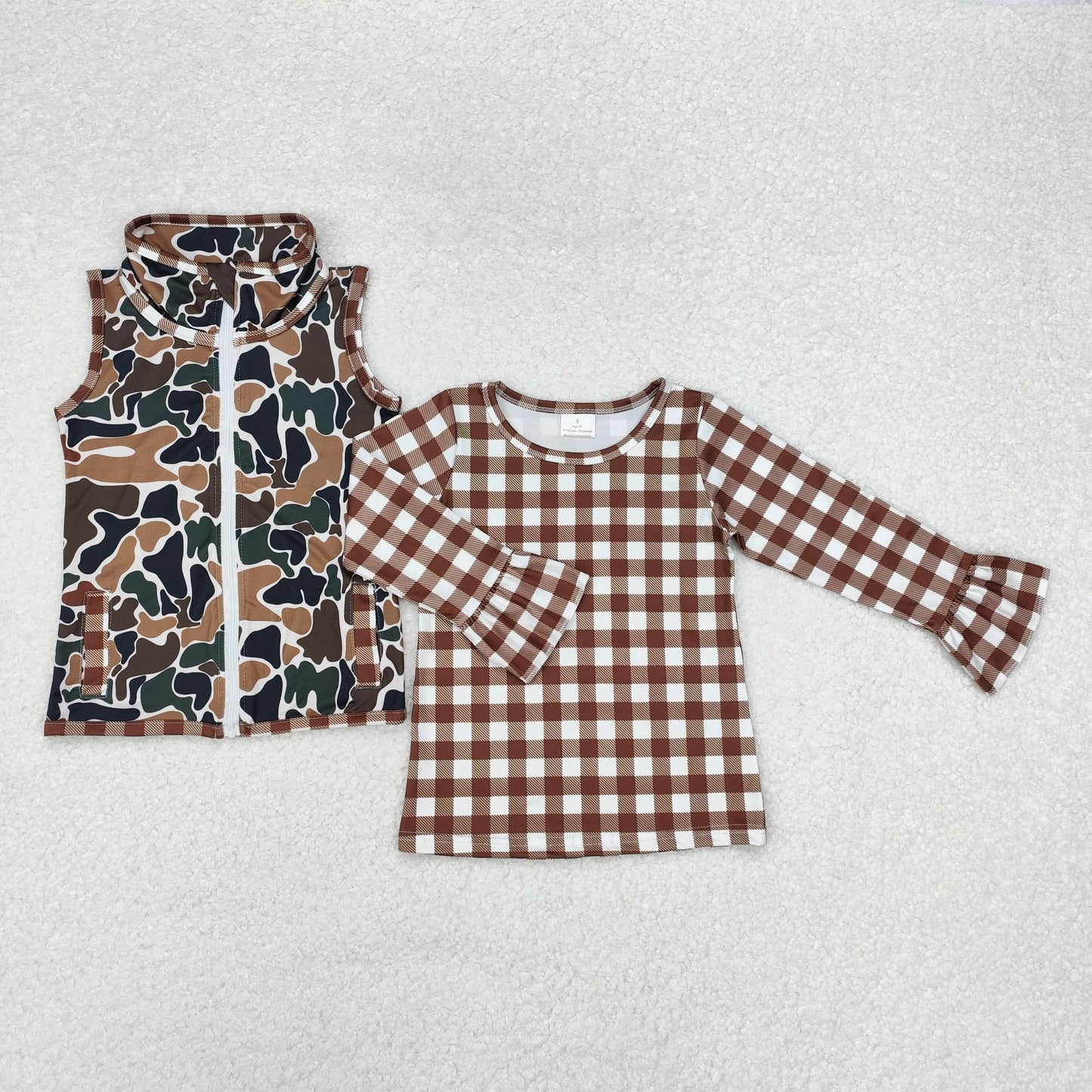 GT0741 Brown Plaid Camo Vest Girls 2 Pieces Tops