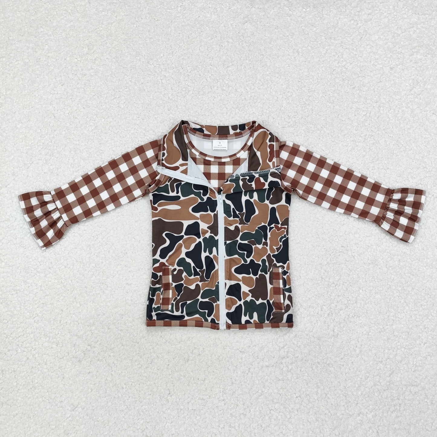 GT0741 Brown Plaid Camo Vest Girls 2 Pieces Tops