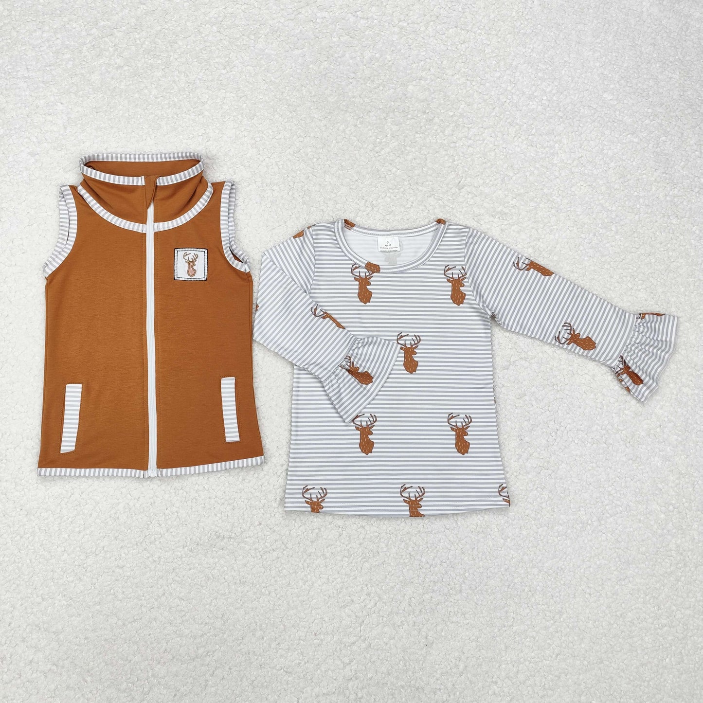GT0742 Deer Embroidery Brown Vest Girls 2 Pieces Tops
